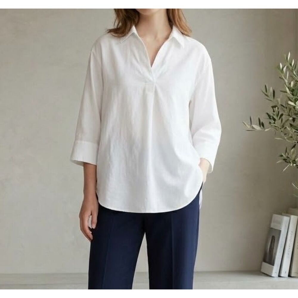 Uniqlo Womens Popover Blouse Sz Small Lightweight Minimalist Capsule Neutral